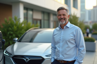 Homme souriant avec voiture hybride 2025 devant station de charge
