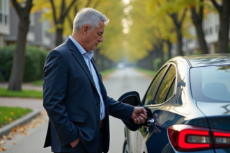 Homme d'âge moyen vérifiant le bouchon de carburant d'une voiture hybride