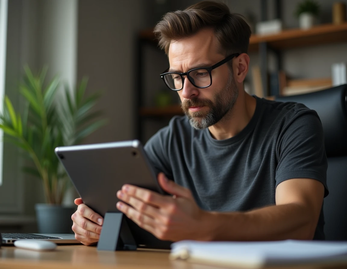 Homme consultant des astuces Monopoly GO sur tablette pour obtenir des liens de dés gratuits