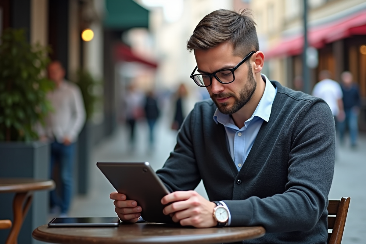 Homme âgé consulte deux tablettes Samsung dans un café urbain