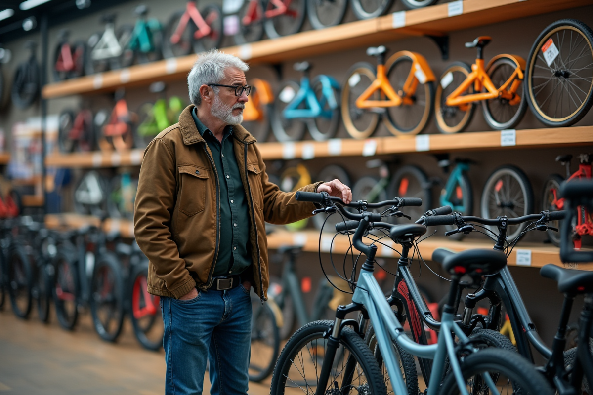Homme compare deux vélos Piwi dans un magasin moderne