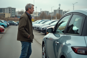 Homme d'âge moyen examine une voiture électrique d'occasion