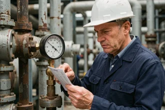 Ingénieur industriel comparant des unités de pression psi et bar sur un manomètre analogique en usine
