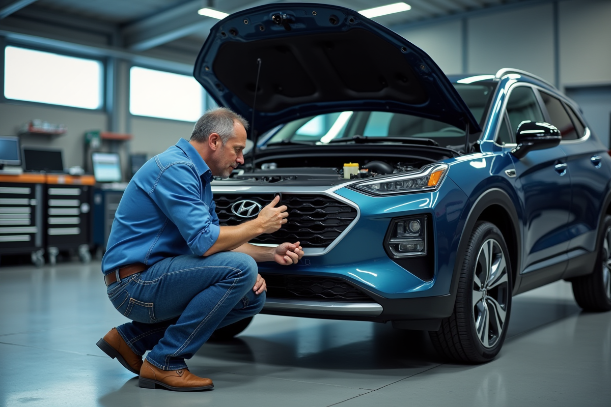 Ingénieur inspecte un moteur hybride dans un atelier automobile