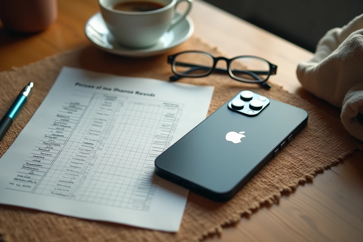 iPhone 14 reconditionné posé sur une table en liège avec un tableau comparatif de prix fait à la main