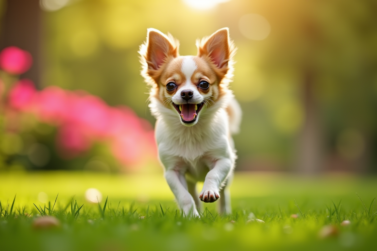 Jeune chihuahua courant dans un parc vert ensoleille