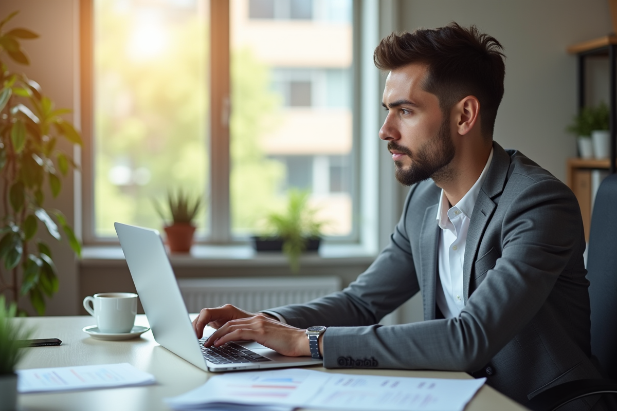 Jeune entrepreneur analysant des données dans un bureau lumineux