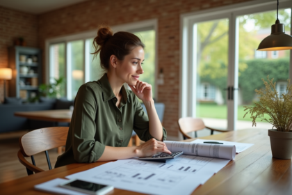 Jeune femme en blouse étudie des plans dans un salon lumineux