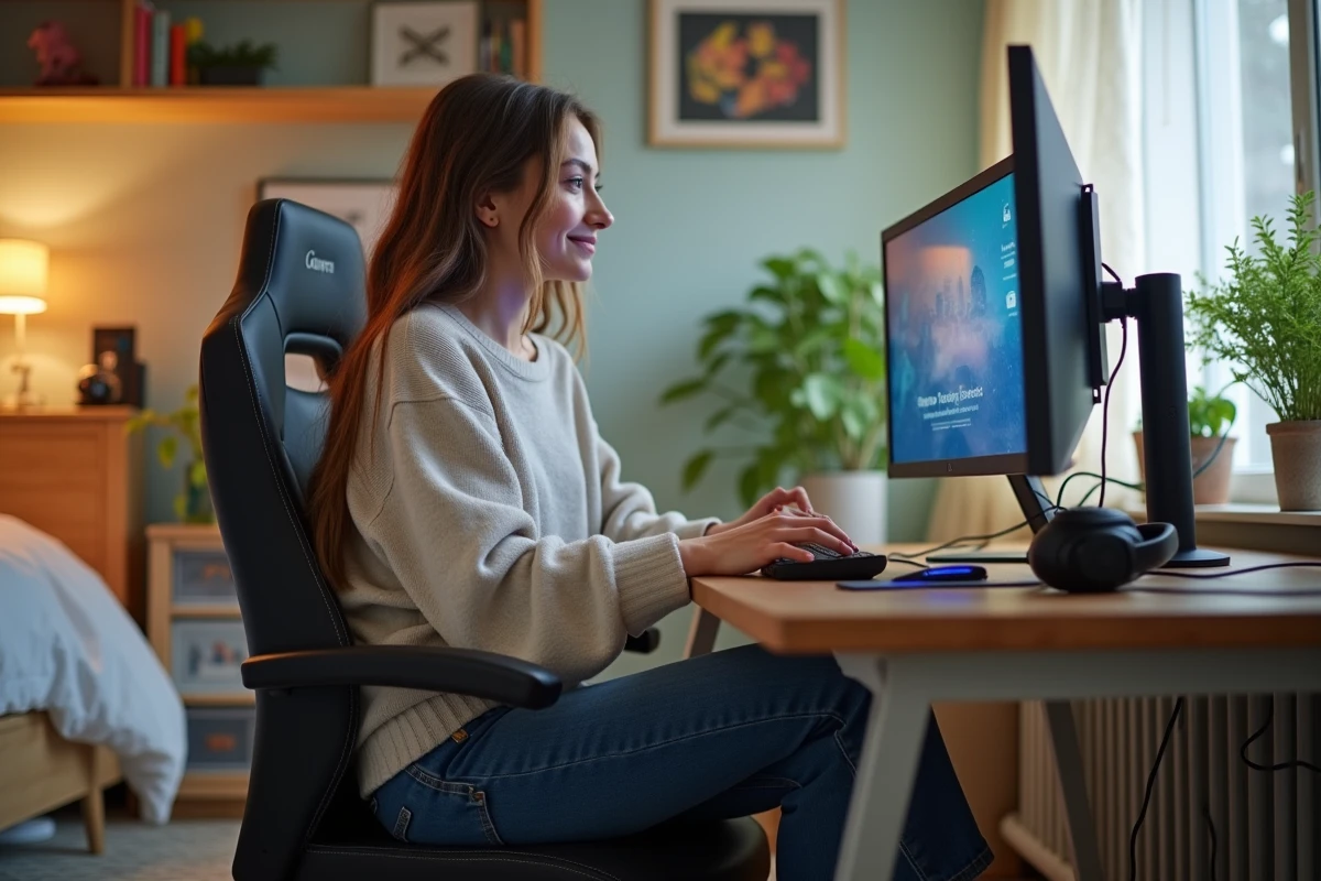 Jeune femme concentrée sur son ordinateur gaming dans sa chambre cosy