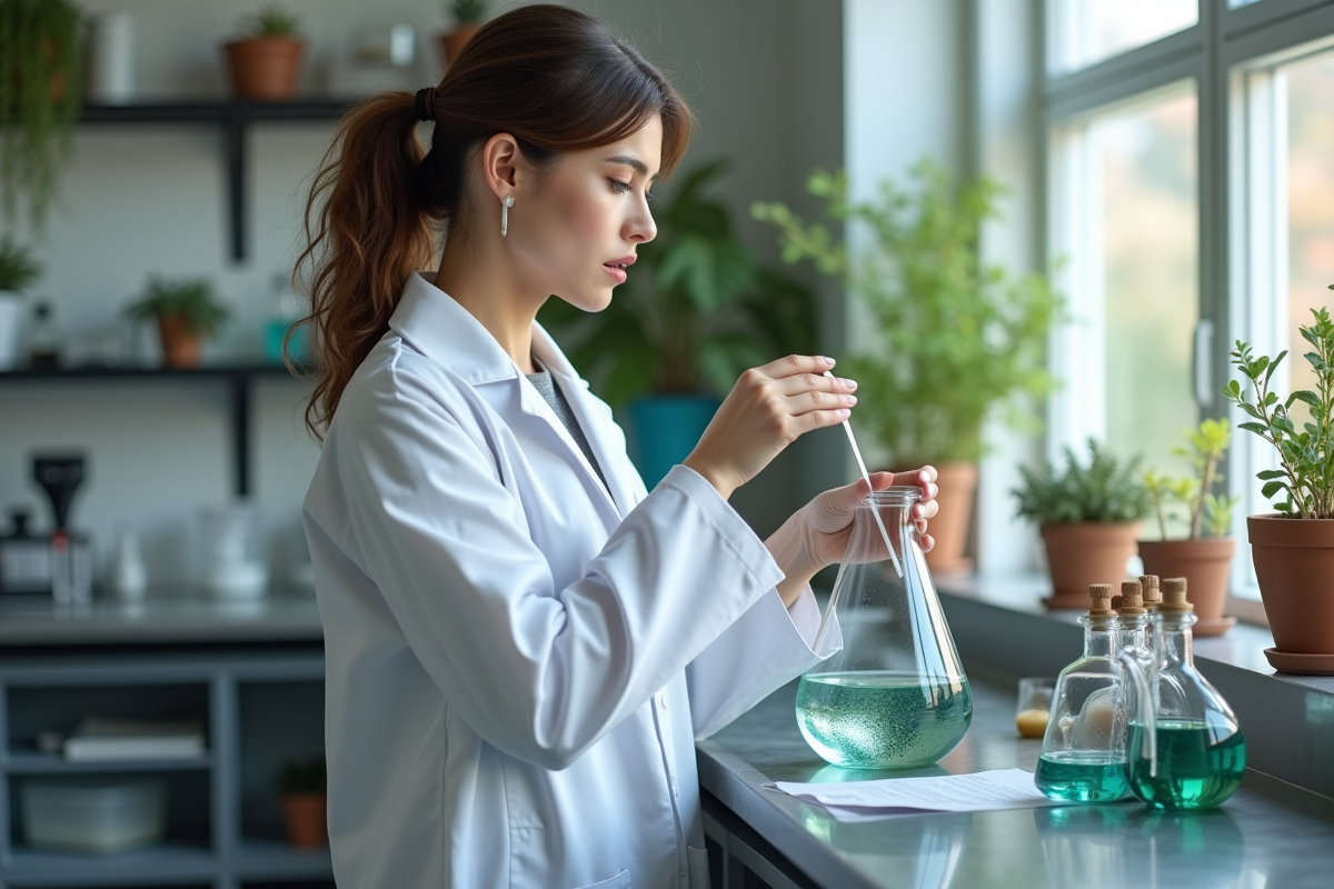 Jeune femme scientifique examine un carburant synthétique en laboratoire