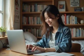 Jeune femme lisant un manga sur son ordinateur dans sa chambre chaleureuse