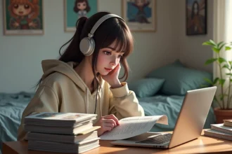 Jeune femme concentrée lisant manga dans sa chambre moderne