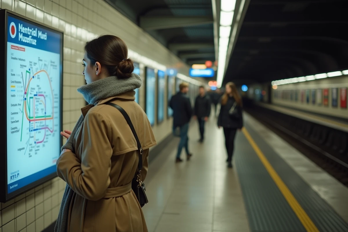 Jeune femme lisant un panneau d'information dans le métro parisien