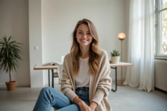 Jeune femme souriante dans un studio parisien moderne