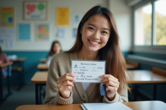 Jeune femme souriante avec permis et clés de voiture