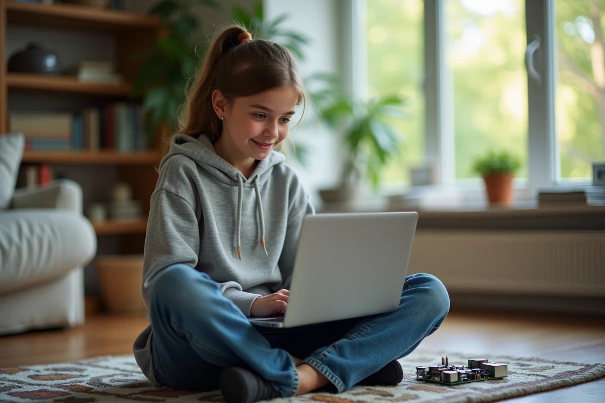 Adolescente programme un Raspberry Pi dans un salon familial