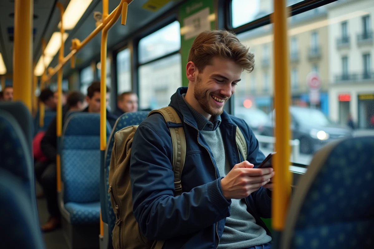Jeune homme dans un bus parisien utilisant son téléphone