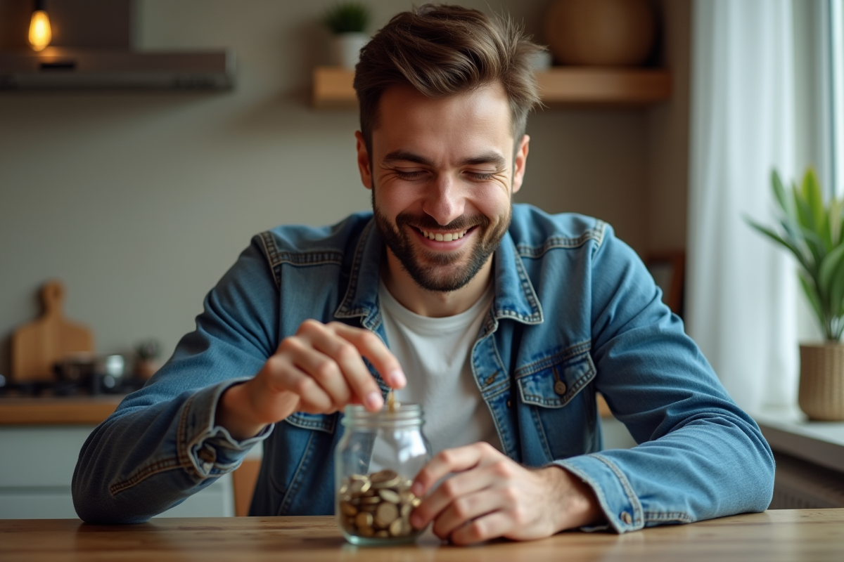 Jeune homme dépose des pièces dans un pot à la maison