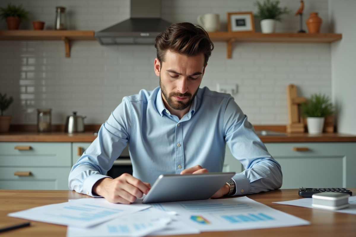 Jeune homme analysant des documents dans une cuisine contemporaine