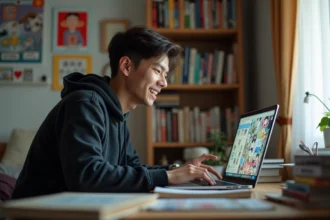 Jeune homme lisant des scans de manga One Piece en français sur son ordinateur portable dans une chambre décorée de mangas