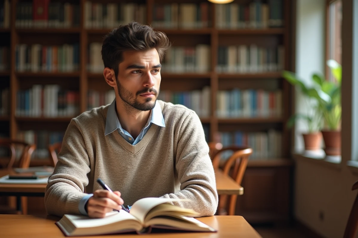 Jeune homme studieux dans une bibliothèque avec livre zodiaque