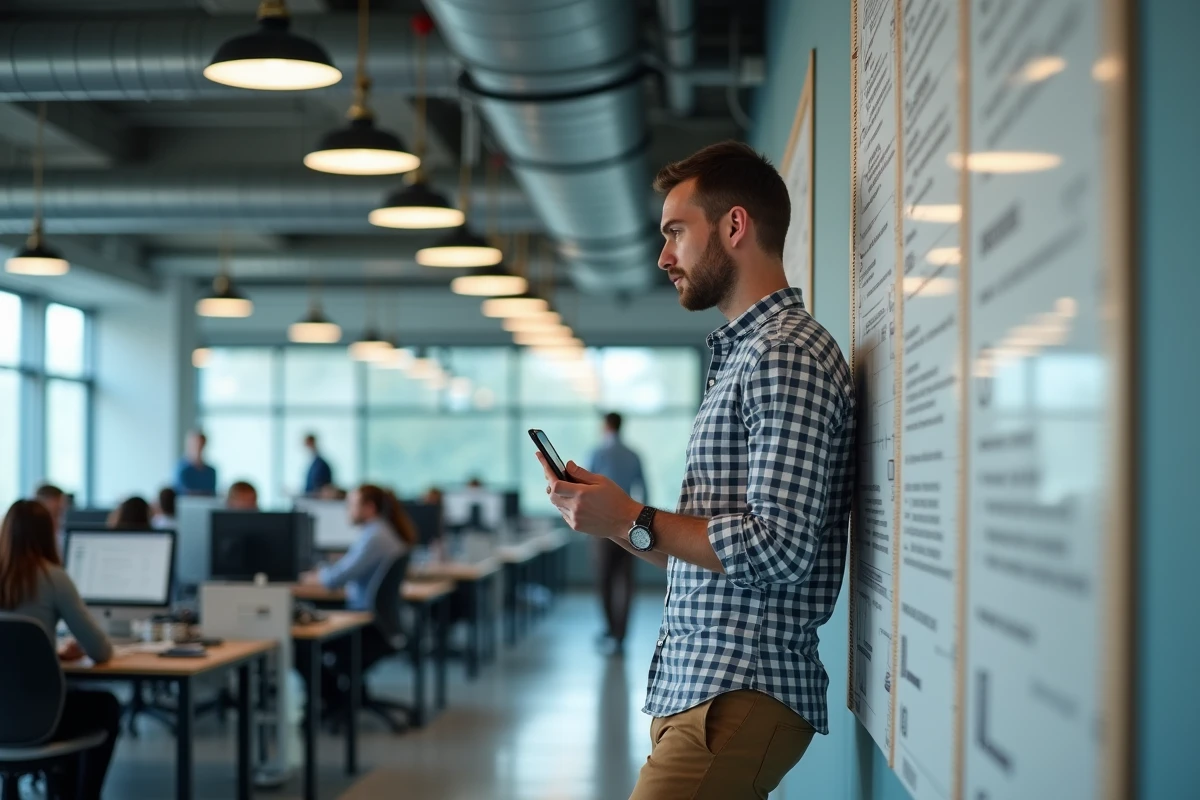 Jeune homme vérifiant la règle murale au bureau