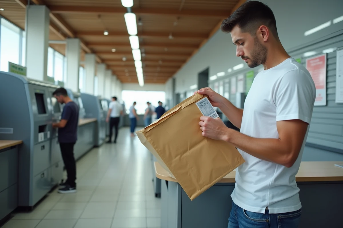 Jeune homme préparant un colis à un guichet postal moderne