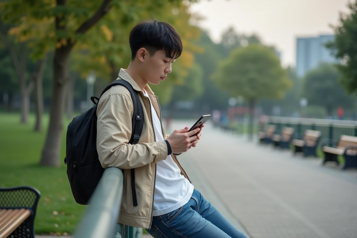 Jeune homme regardant son smartphone dans un parc urbain