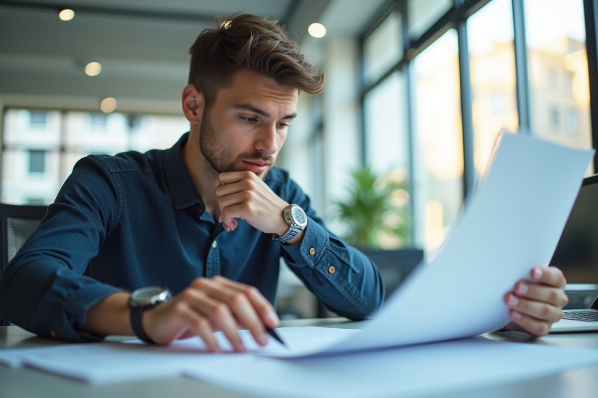 Jeune professionnel confiant analyse documents de controle qualité
