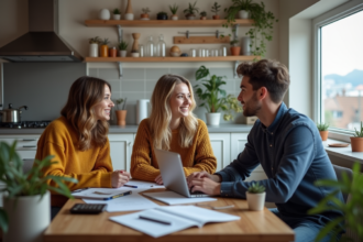 Trois jeunes adultes discutent autour d'une table de cuisine