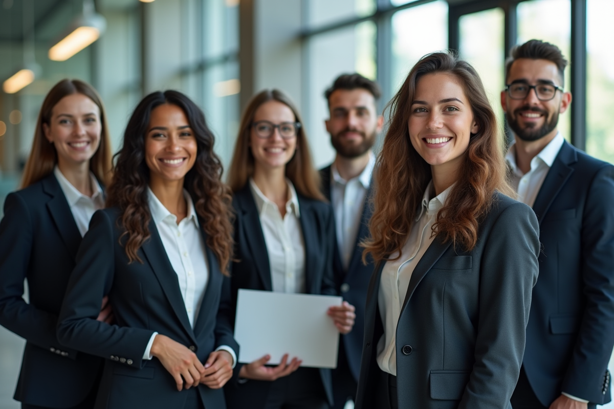 Groupe de jeunes diplômés souriants dans un bureau moderne