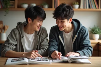 Deux jeunes hommes lisant des mangas dans une cuisine chaleureuse