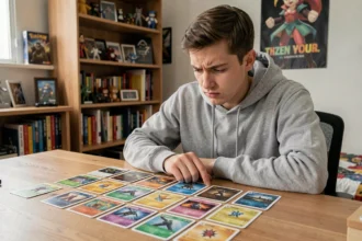Jeune homme analysant son deck Pokémon Pocket posé sur un bureau en bois, repérant des erreurs de construction de deck