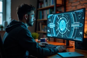 Joueur solo immergé dans une partie d'Aeonscope sur son bureau à domicile avec un écran affichant une interface de jeu futuriste