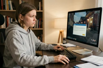 Joueuse frustrée devant un écran d'ordinateur affichant une erreur de mod Sims après une mise à jour du jeu