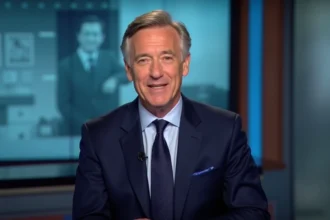 Journaliste de télévision français en costume marine assis au bureau d'un plateau télévisé moderne