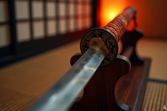 Katana japonais traditionnel avec garde tsuba gravée de motifs de flammes sur un support en bois de noyer, inspiré du pilier de la flamme Rengoku