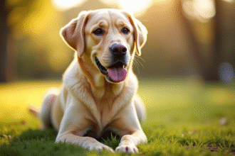 Labrador retriever assis dans un parc ensoleille