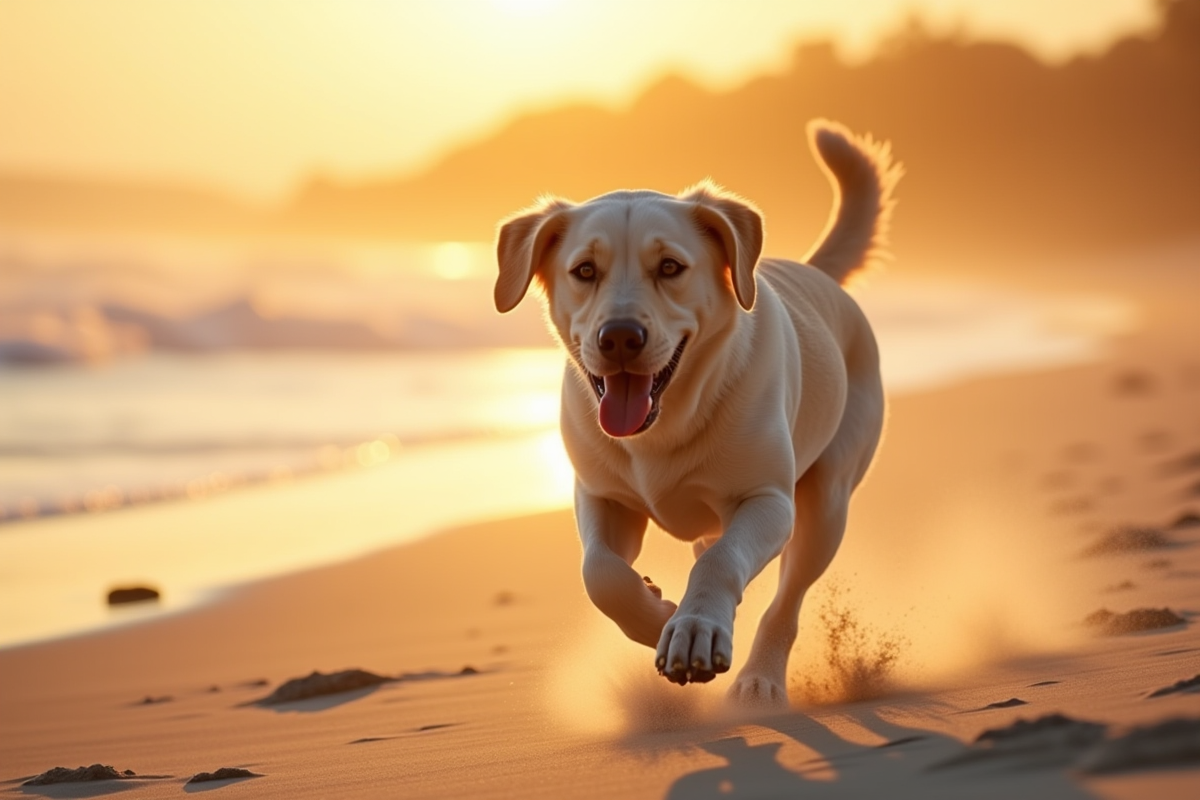 Labrador retriever courant sur la plage au coucher du soleil