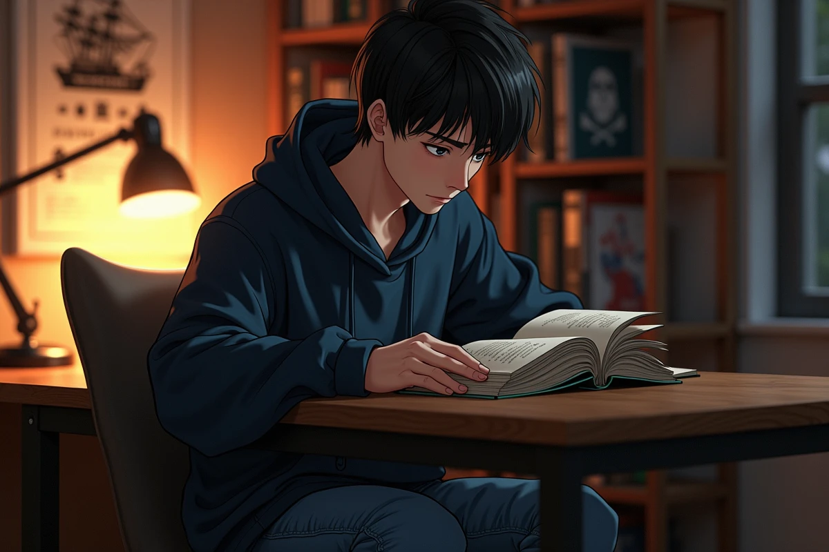Jeune homme lisant un manga One Piece à son bureau entouré de volumes collectionnés