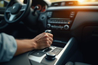 Main sur le levier de voiture automatique en plein jour