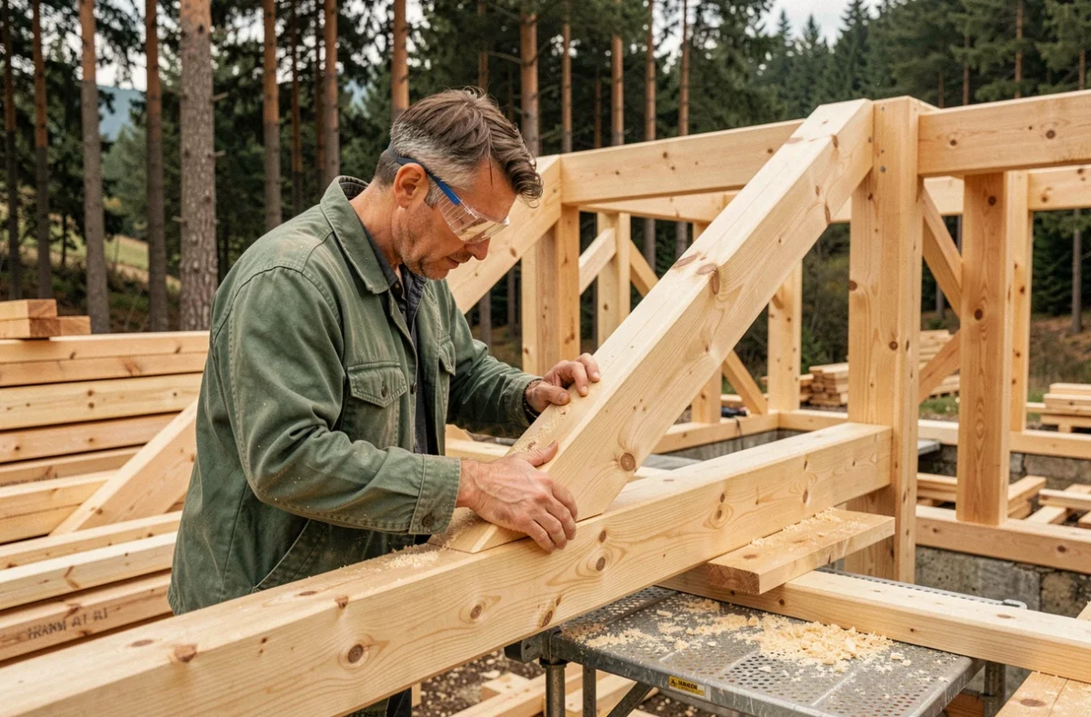 Charpentier de LF Constructions Bois assemblant une structure en bois sur un chantier résidentiel en Isère