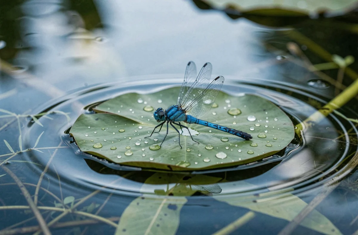 Libellule bleue posée sur un nénuphar au milieu d'un bassin de jardin, reflets aquatiques et symbolisme de transformation intérieure