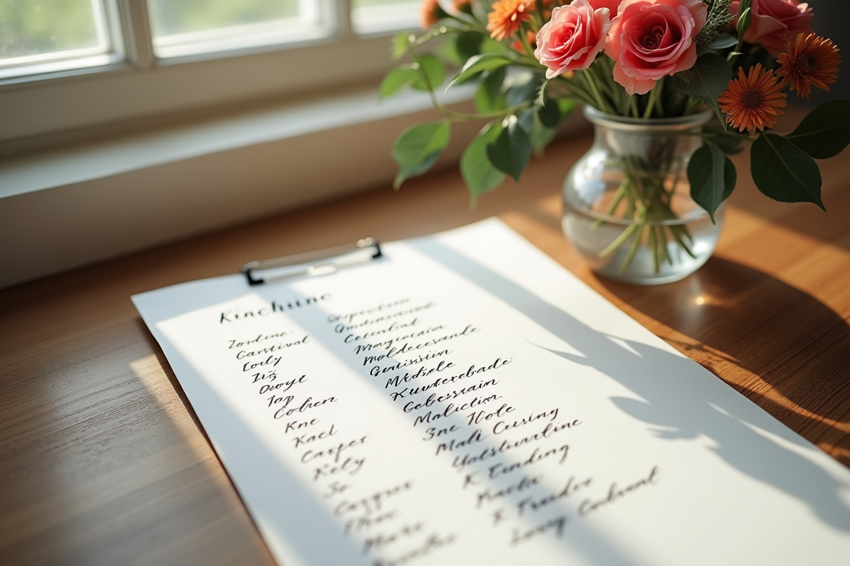 Liste manuscrite de noms commençant par K sur papier texturé avec fleurs sur table en lumière douce