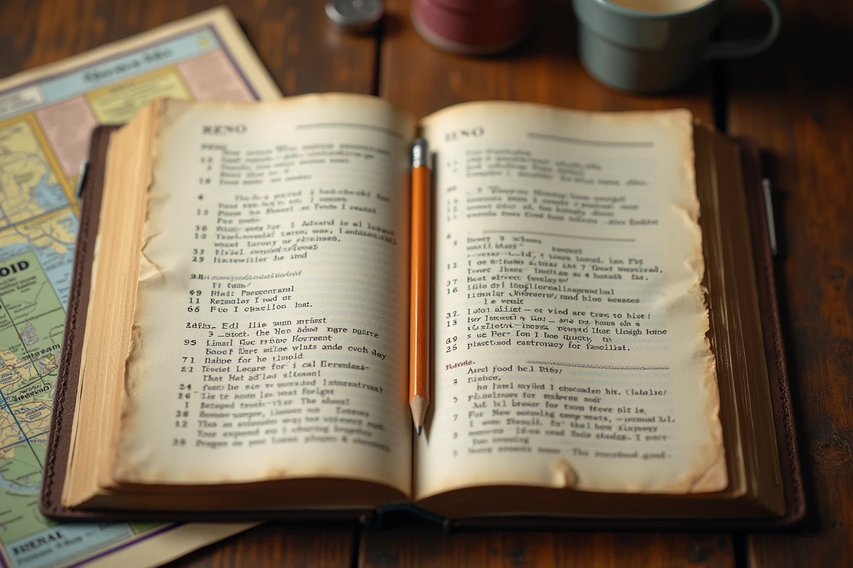 Livre de mots croisés ouvert avec des réponses au crayon dont le mot RENO visible, posé sur un bureau en bois avec une carte du Nevada