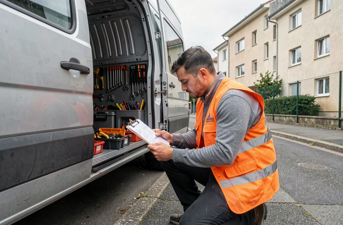 Technicien Lowcost Multiservices préparant son matériel depuis son van devant un immeuble résidentiel à Colombes