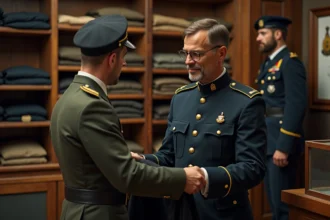Soldat examinant une veste d'uniforme militaire dans un magasin d'habillement régimentaire traditionnel