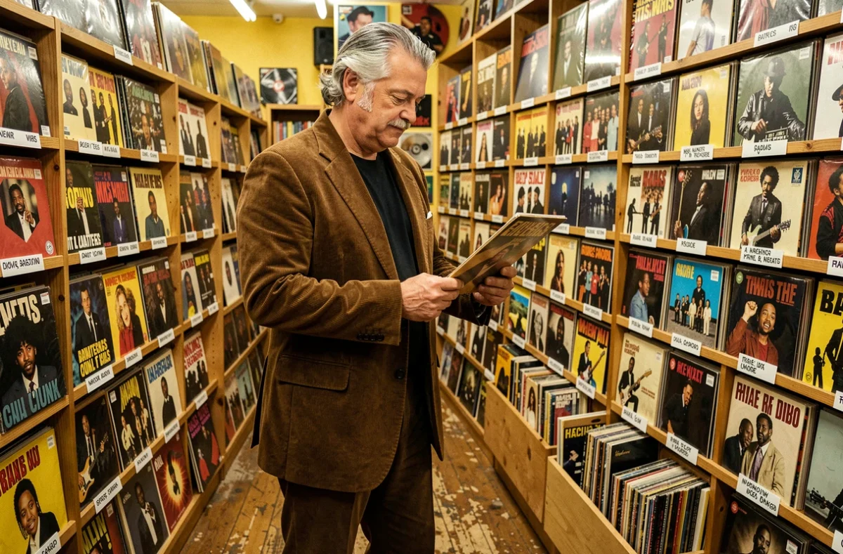Homme en tenue vintage des années 70 dans un magasin de disques vinyles avec albums classiques américains