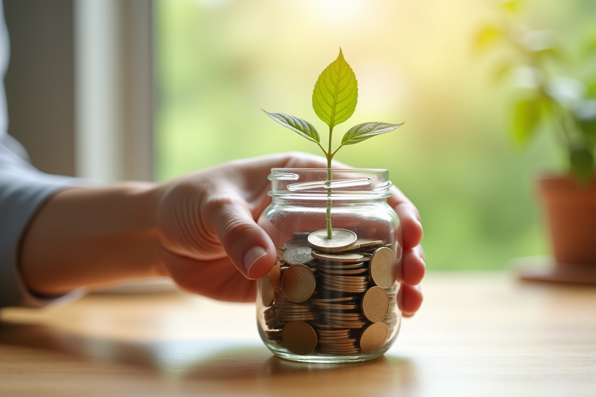 Main tenant un bocal avec des pièces et une petite plante en croissance