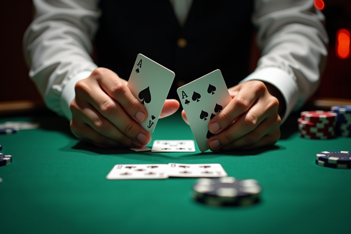 Trois mains tenant des cartes sur une table de jeu verte